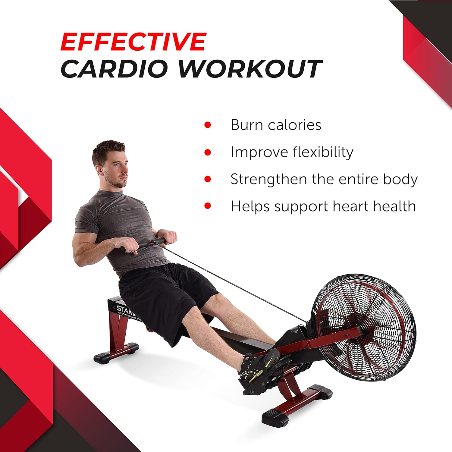 Stamina X Air Rower - Rower Machine with Smart Workout App - Rowing Machine with Air Resistance for Home Gym Fitness - Up to 250 lbs Weight Capacity - Black/Red - Image 4