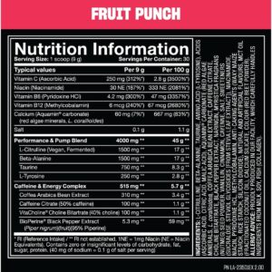 Mutant Madness | Pre Workout Powder Performance and Pump Blend Includes L-Citrulline, Beta-Alanine, Taurine, L-Tyrosine | 270G (9.52 OZ) 30 Serving | Fruit Punch