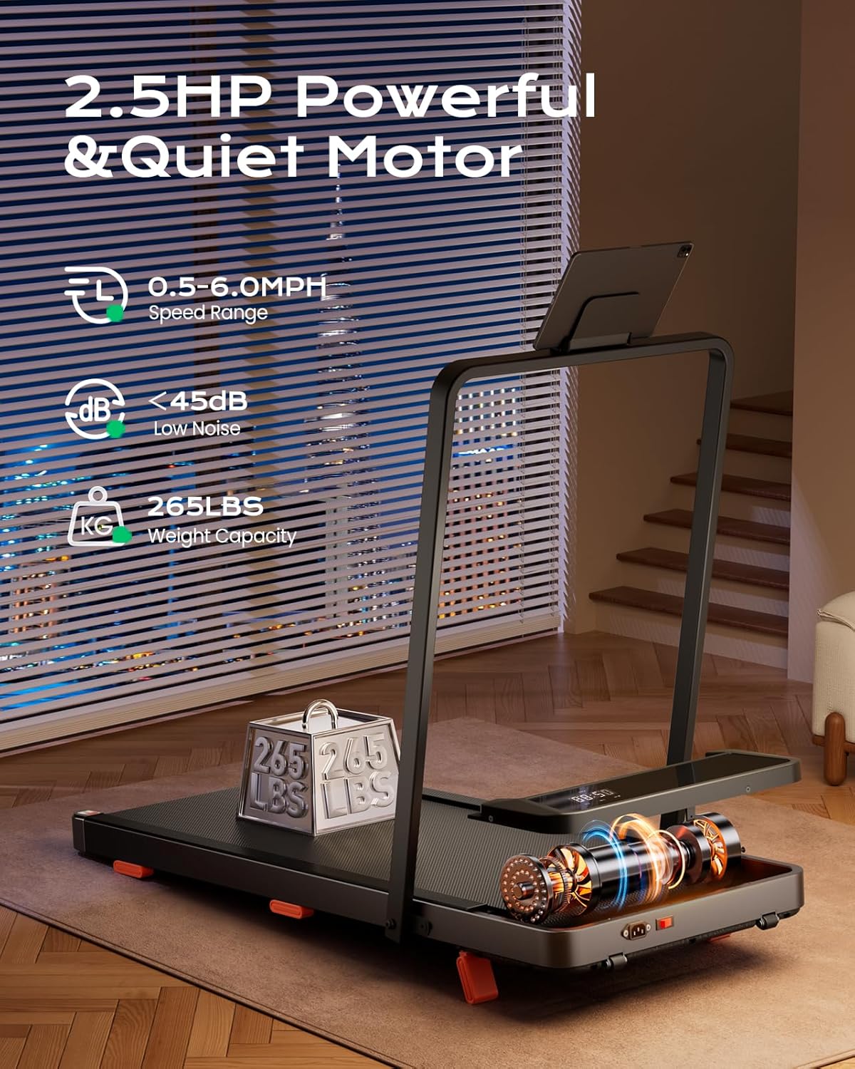Walking Pad,Treadmill with Incline for Home Office, 2.5HP Portable Under Desk Treadmill with 265 Lbs Capacity,Remote Control, Led Display - Image 4