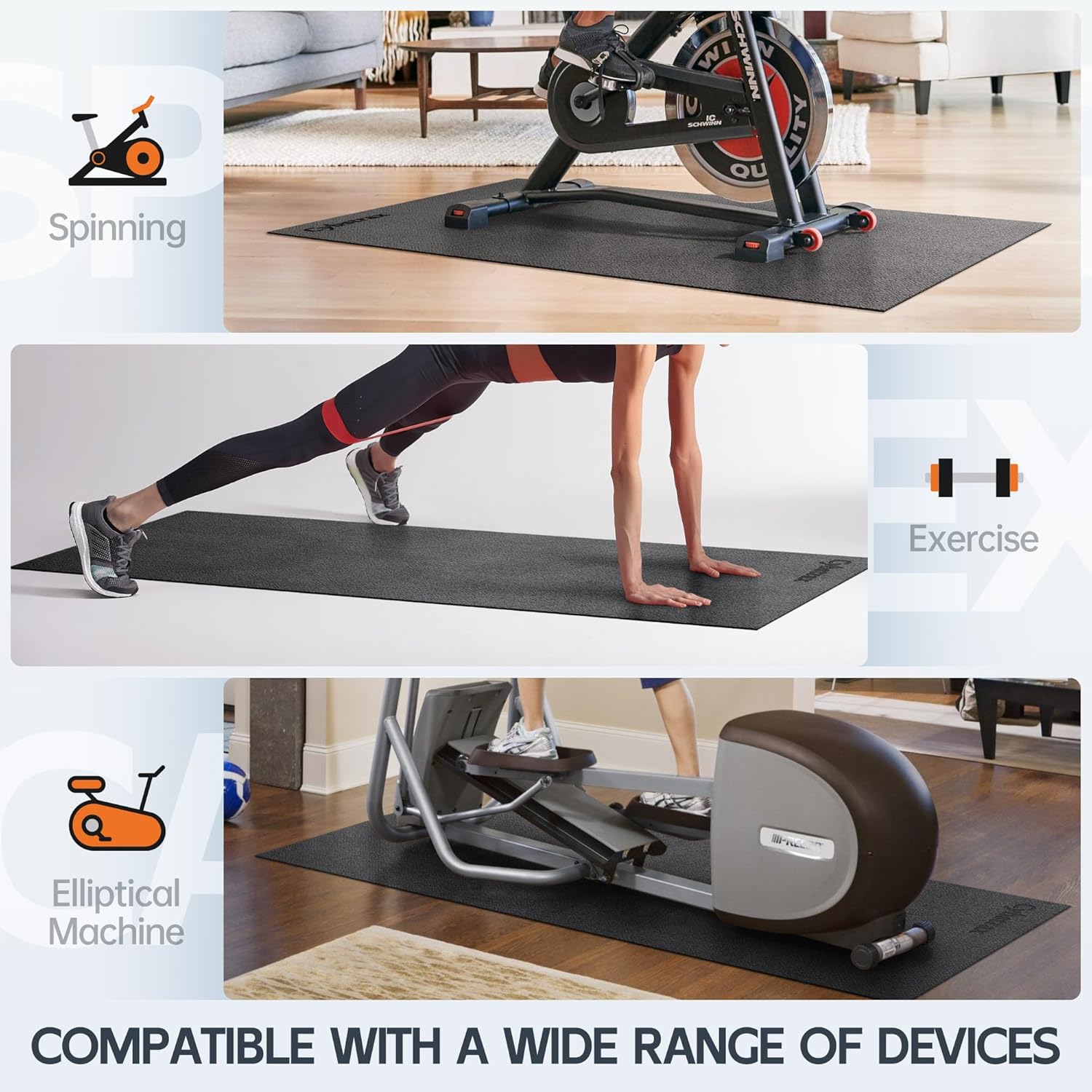 Treadmill Mat, Bike Trainer Mat for Stationary Spin Bike, 96" x 48" Non Slip Exercise Equipment Mat for Bike, Treadmill, Elliptical, Yoga - Workout Floor Protector for Carpet Or Hardwood - Image 6