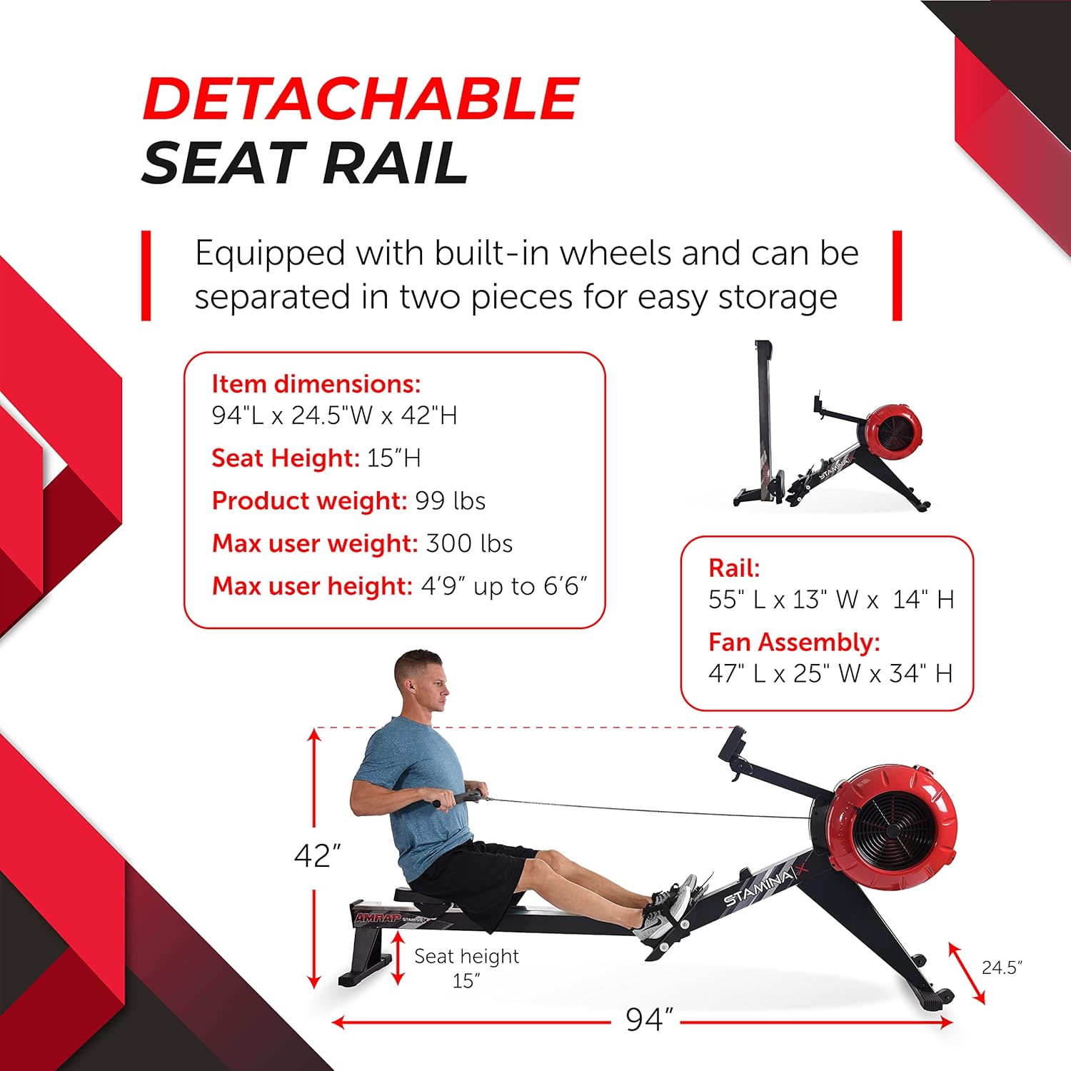 Stamina X AMRAP Rower Machine with Smart Workout App - Foldable Rowing Machine with Dynamic Air Resistance for Home Gym Fitness - Up to 300 lbs Weight Capacity - Image 3