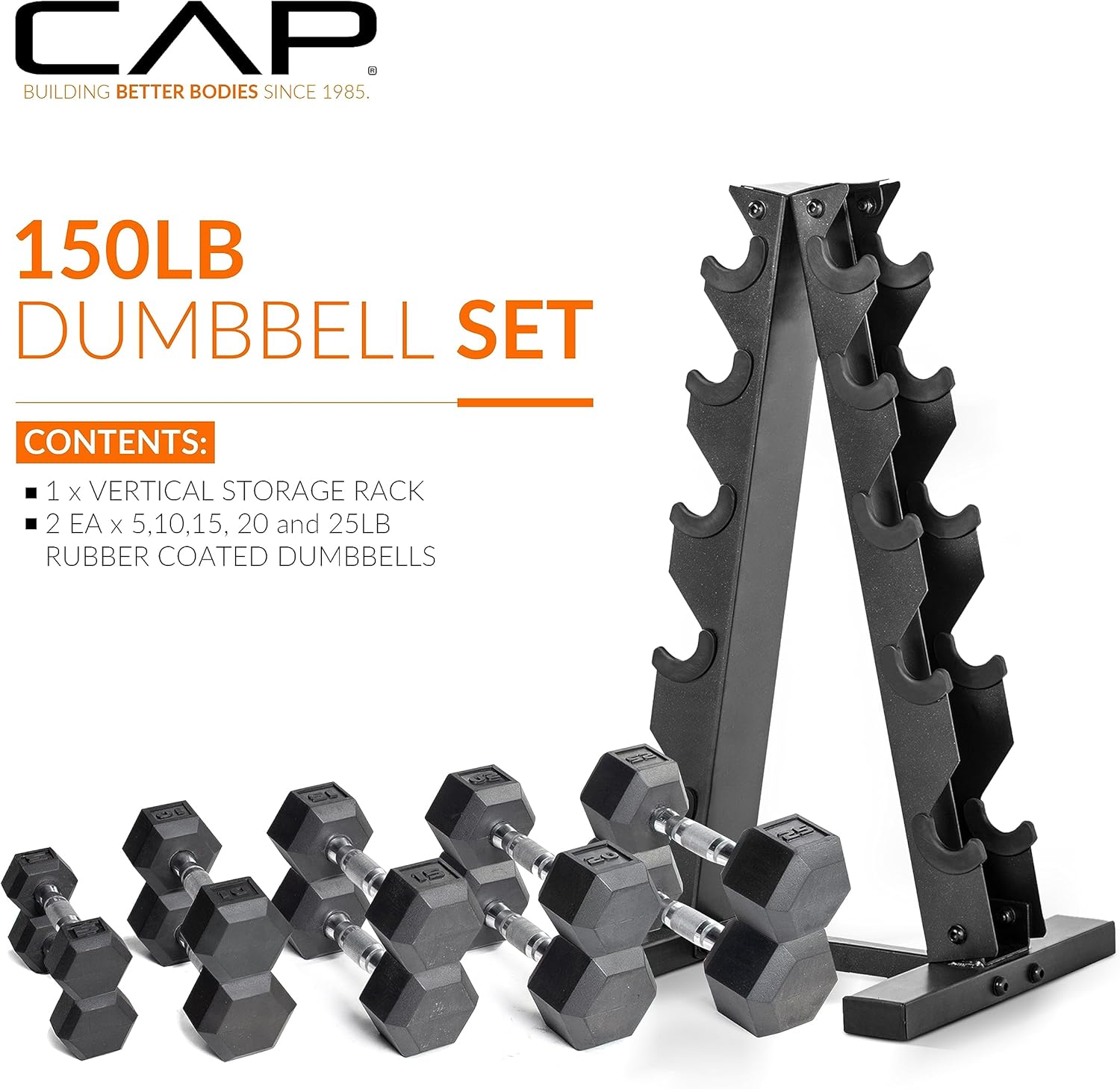 CAP Barbell Rubber Coated Dumbbell Weight Set with Vertical Rack | 100 lb, 150 lb, and 210 lb Options - Image 2