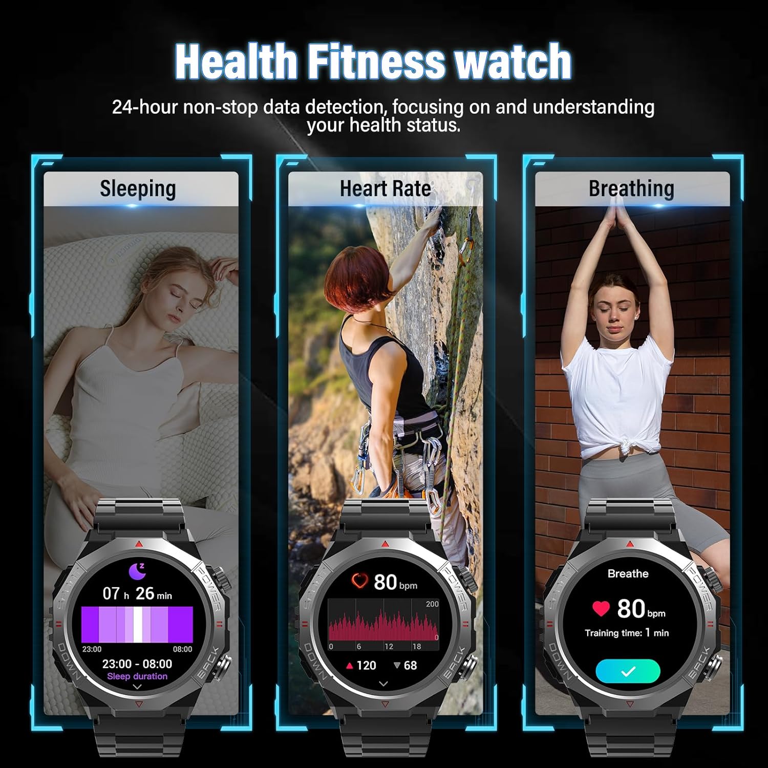 Military Smart Watches for Men (Answer/Make Calls), 1.39" HD Fitness Watches, Heart Rate/Sleep Monitor, 110+ Sports Modes Watch for Men, Waterproof Watch, 30Day, Watches for Android/iPhone, Black - Image 3