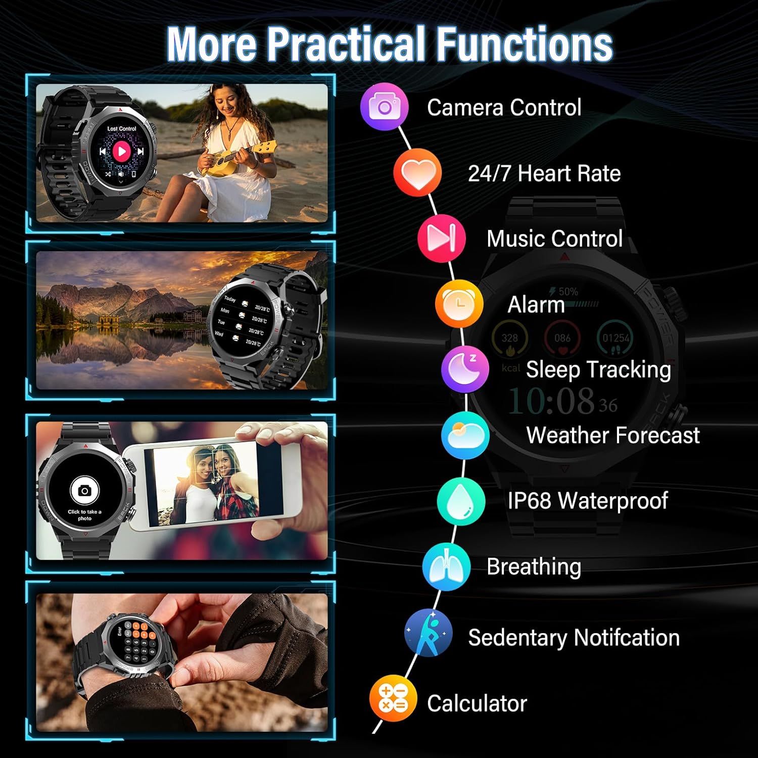 Military Smart Watches for Men (Answer/Make Calls), 1.39" HD Fitness Watches, Heart Rate/Sleep Monitor, 110+ Sports Modes Watch for Men, Waterproof Watch, 30Day, Watches for Android/iPhone, Black - Image 4