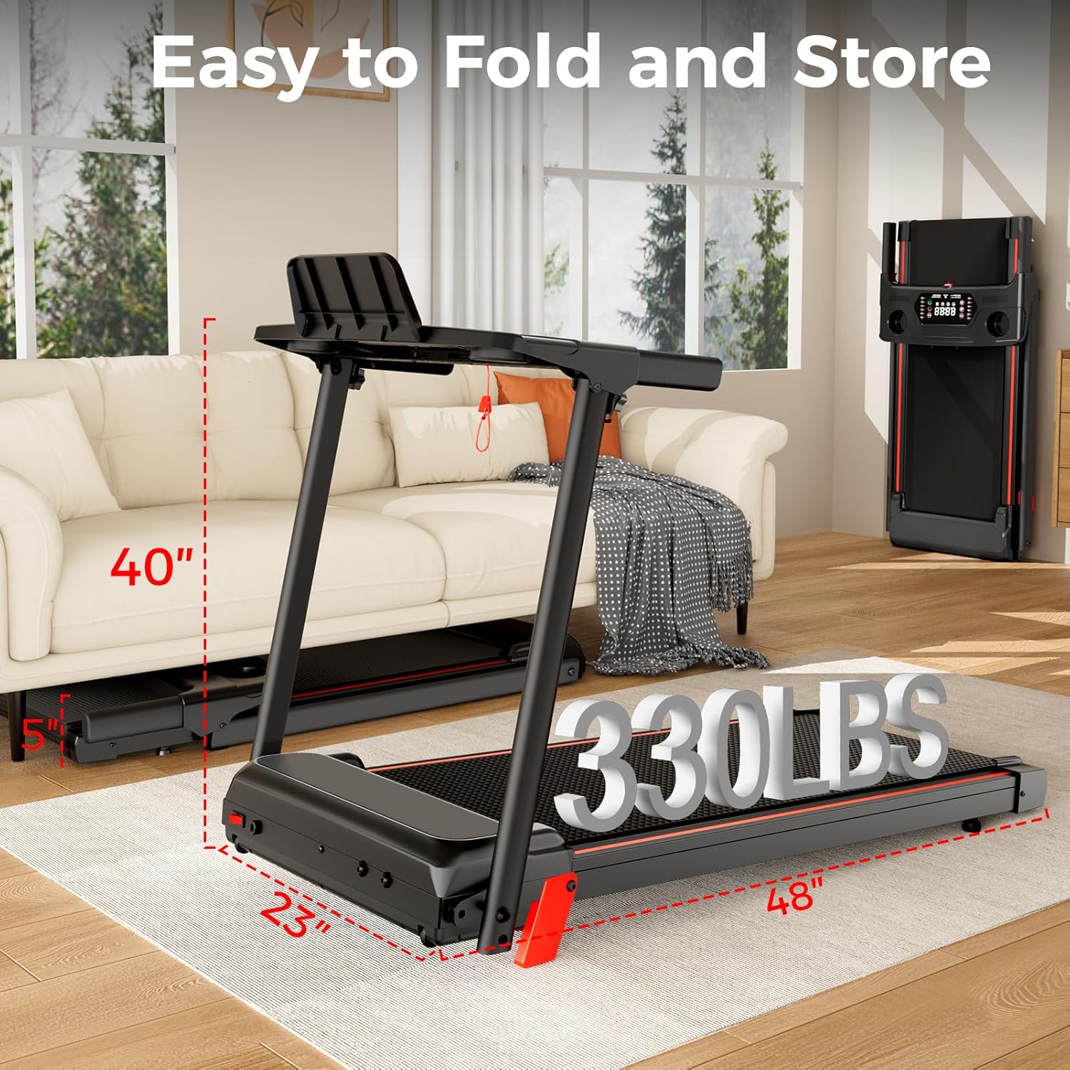 Treadmill with 5% Incline, Walking Pad Treadmill with Handle Bar, Portable Folding Treadmills for Running and Walking, 3.0HP Brushless Motorized, 5 Layers Shock-Absorbing - Image 8