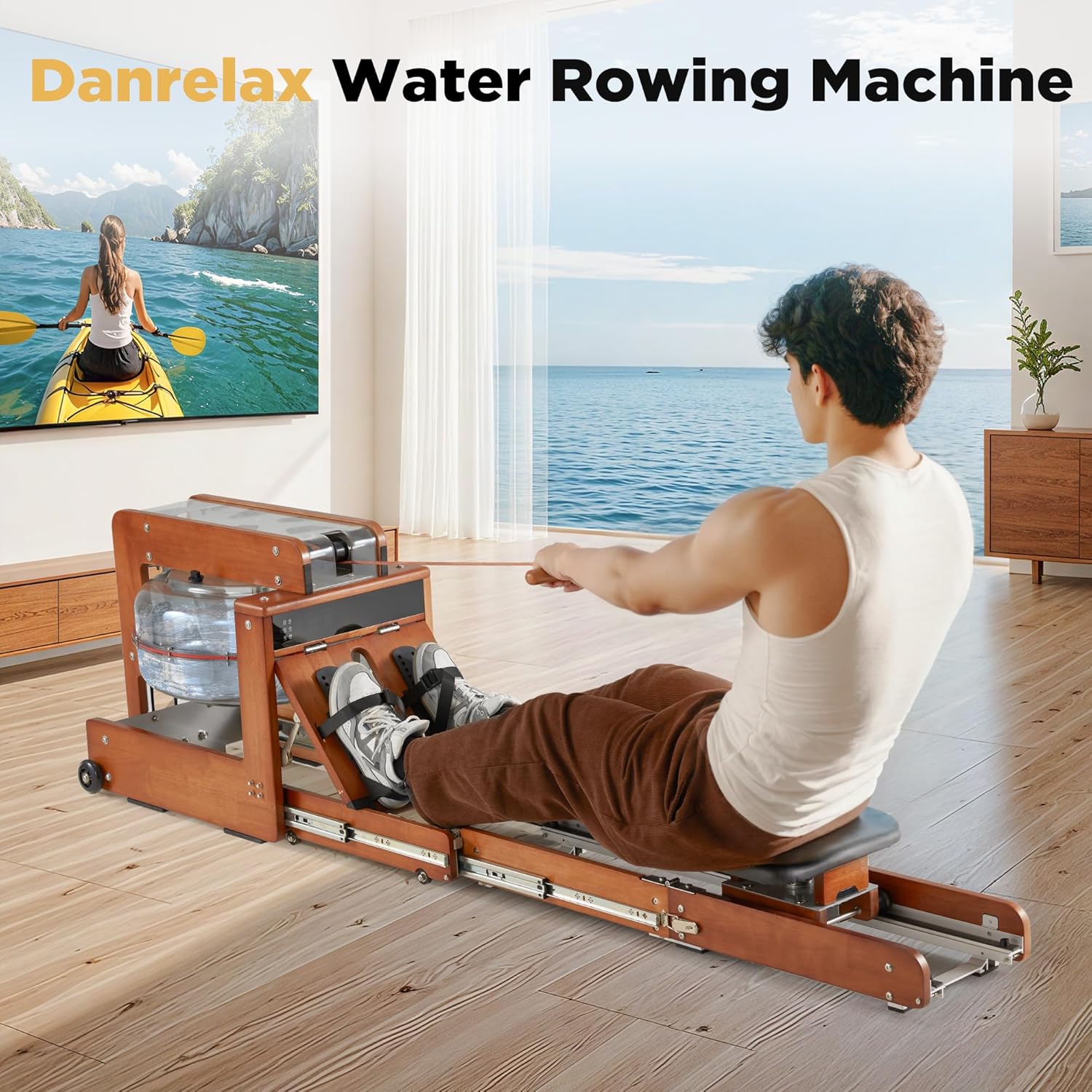 Water Rowing Machine for Home, Touchscreen Smart Display, Dual Resistance Drawer Rower, Kinomap App, No Installation Required, Foldable, Aluminum Rail, Breathing Light, 350LBS Capacity - Image 8