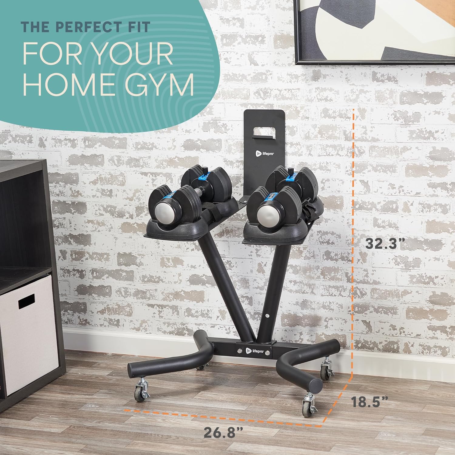 Lifepro Adjustable Dumbbell Stand with Wheels & Phone/Tablet Holder – Compatible with PowerFlow Plus, PowerUp Plus & Other Brands – Smart, Space-Saving Dumbbell Rack for Home Gym - Image 6