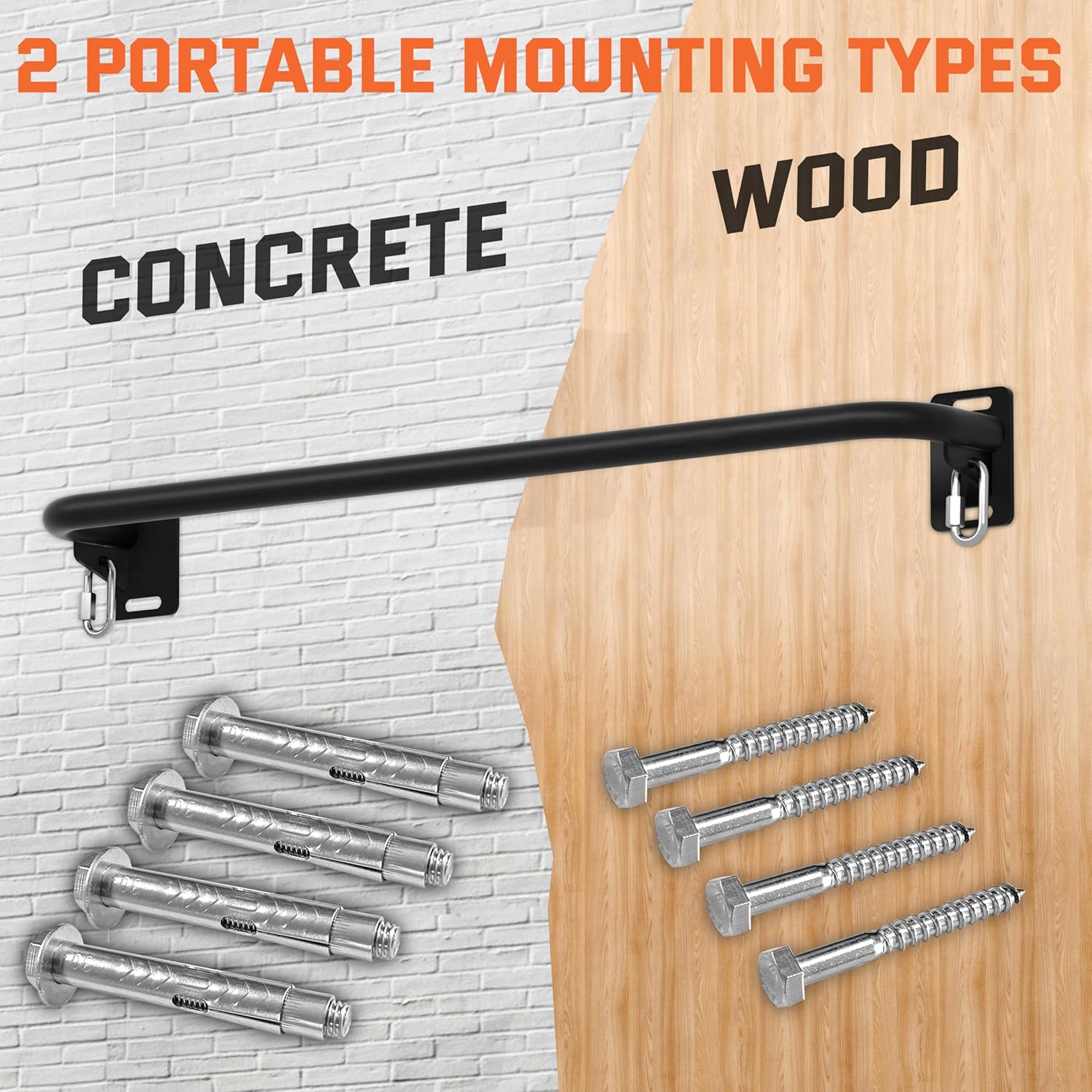 36" Heavy Duty Pull Up Bar Wall/Joist Mounted, 600 LB Capacity, Multi-Grip Bar for Garage & basement rafter Use - All-in-One Workout Station with Carabiners & Space-Saving Design - Image 6