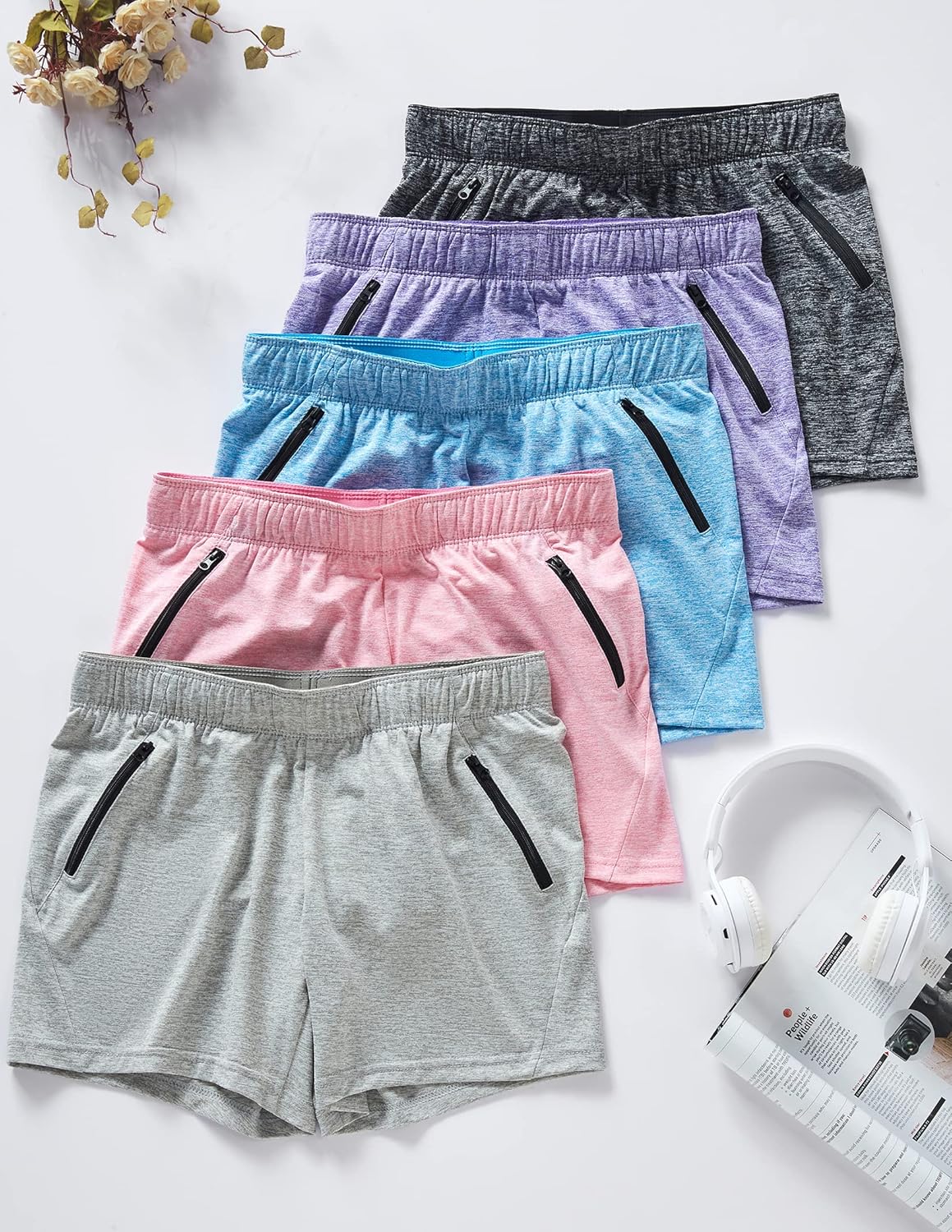 5 Pack: Womens Workout Gym Shorts Casual Lounge Set, Ladies Active Athletic Apparel with Zipper Pockets - Image 3