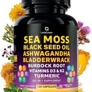 Sea Moss Capsules – 17-in-1 Blend with Black Seed Oil Ashwagandha Bladderwrack Burdock Root Turmeric Vitamin D3 K2 C for Daily Wellness – Multimineral Supplement for Men & Women – 120 Count