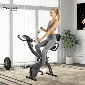 Soozier Folding Exercise Bike, 3-in-1 Recumbent Exercise Bike, Upright Workout Bike with Pulse Sensor, Arm Resistance Bands, Adjustable Seat, 8-Level Magnetic Resistance