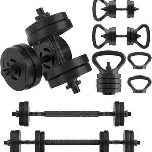 OLIXIS Adjustable Dumbbell Set, 4 IN 1 Changeable Dumbbells, Barbell, Kettlebells and Push Up Stand, Multi-Functional Exercise and Fitness for Home Gym
