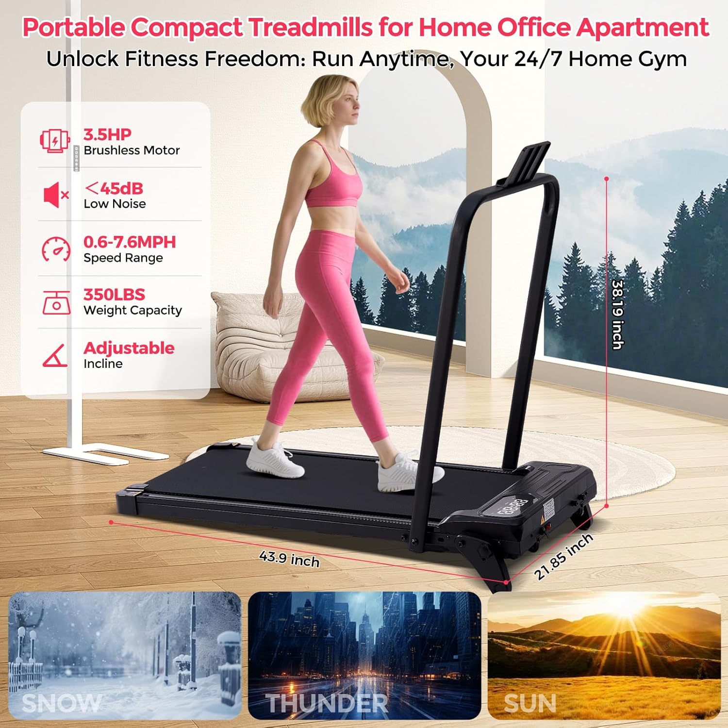 Portable Treadmills for Home, 3.5HP Electric Walking Pad Treadmill with Handle Bar & Adjustable Incline, 0.6-7.6MPH Compact Small Under The Desk Treadmill with Handles for Home Small Spaces, 350LBS - Image 4