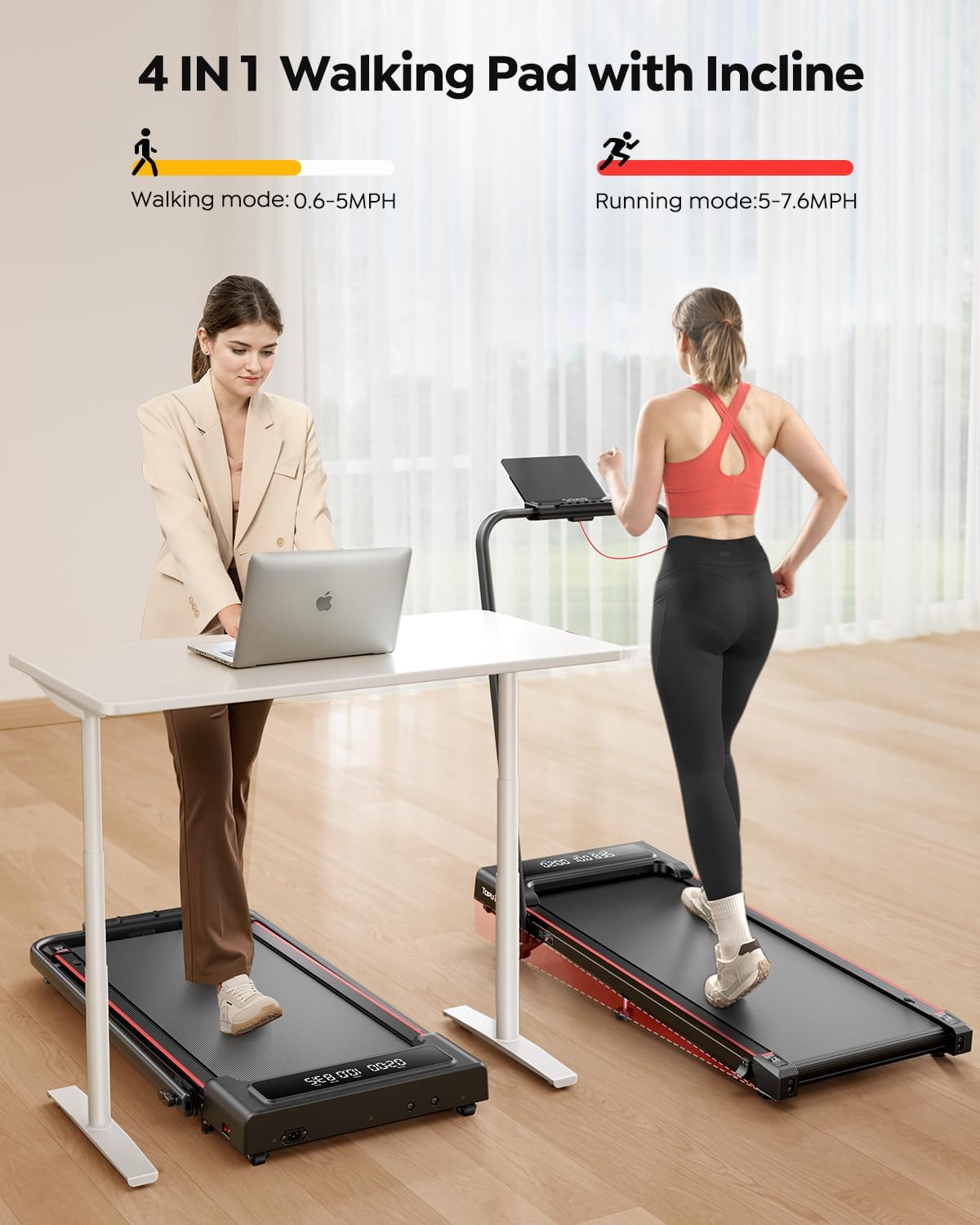 4 In 1 Foldable Walking Pad Treadmill with Incline and Handle Bar, 2.5HP with Dual Display and Mute Control Under Desk Treadmills for Home with App Bluetooth Folding Treadmill for Small Space - Image 6