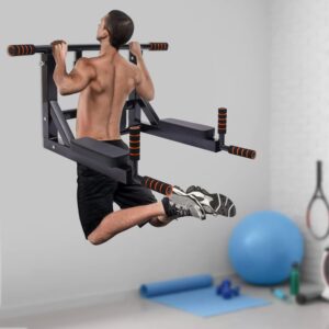 Wall Mounted Pull up Bar, Multifunctional Chin up Bar Dip Station for Indoor Home Gym Workout, Power Tower Set Training Equipment Fitness Dip Stand Large Capacity 440 Lbs