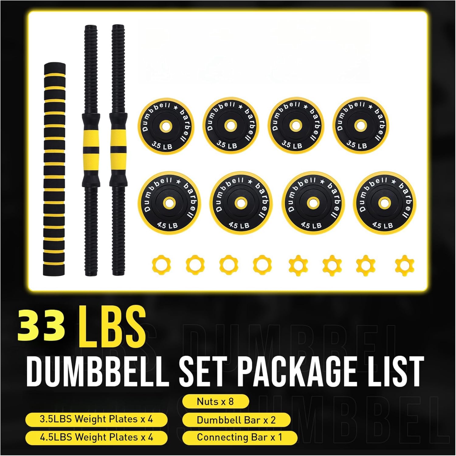 2-in-1 Adjustable Dumbbell Set for Home Gym, Multifunctional 33 LBS Free Weight Set Used As Dumbbell and Barbell, Perfect for Men Women Strength Training, Yellow+Black - Image 4