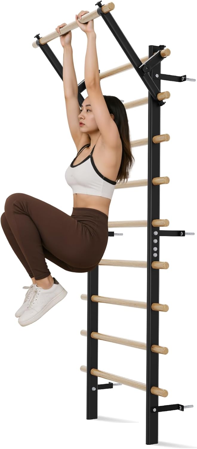 Swedish Ladder Wall Gym, Stall Bar Home Gym with Adjustable Pull-Up Bar, Dip Bar Attachments & 2pcs Resistance Band, 9 Strategic Rods for for Home, School, Hysical Therapy and Gymnastics - Image 8