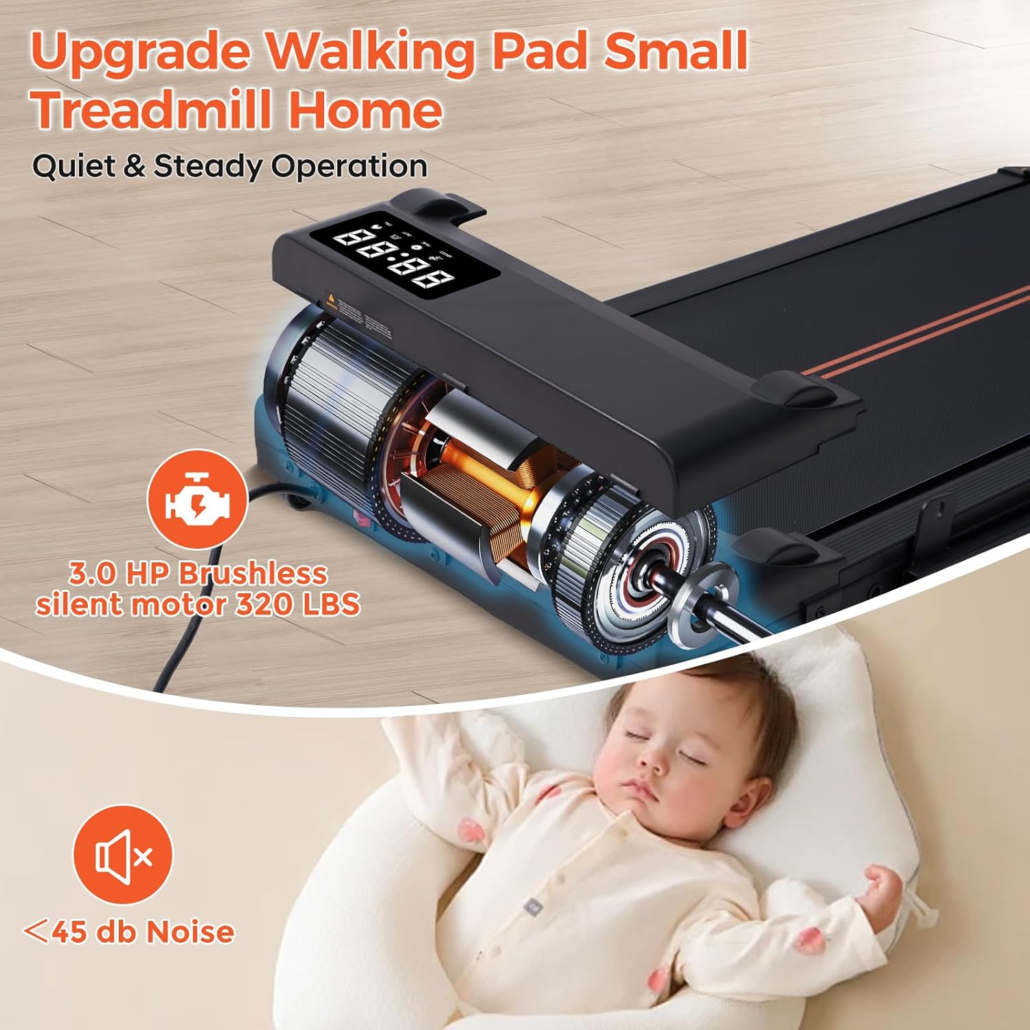 Compact Walking Pad with Handle Bar and Incline, 3.0HP Portable Walking Pads Treadmills with Handles for Home Small, 0.6-6.2MPH Electric Small Under The DeskTreadmill for Small Spaces, 320LB Capacity - Image 7