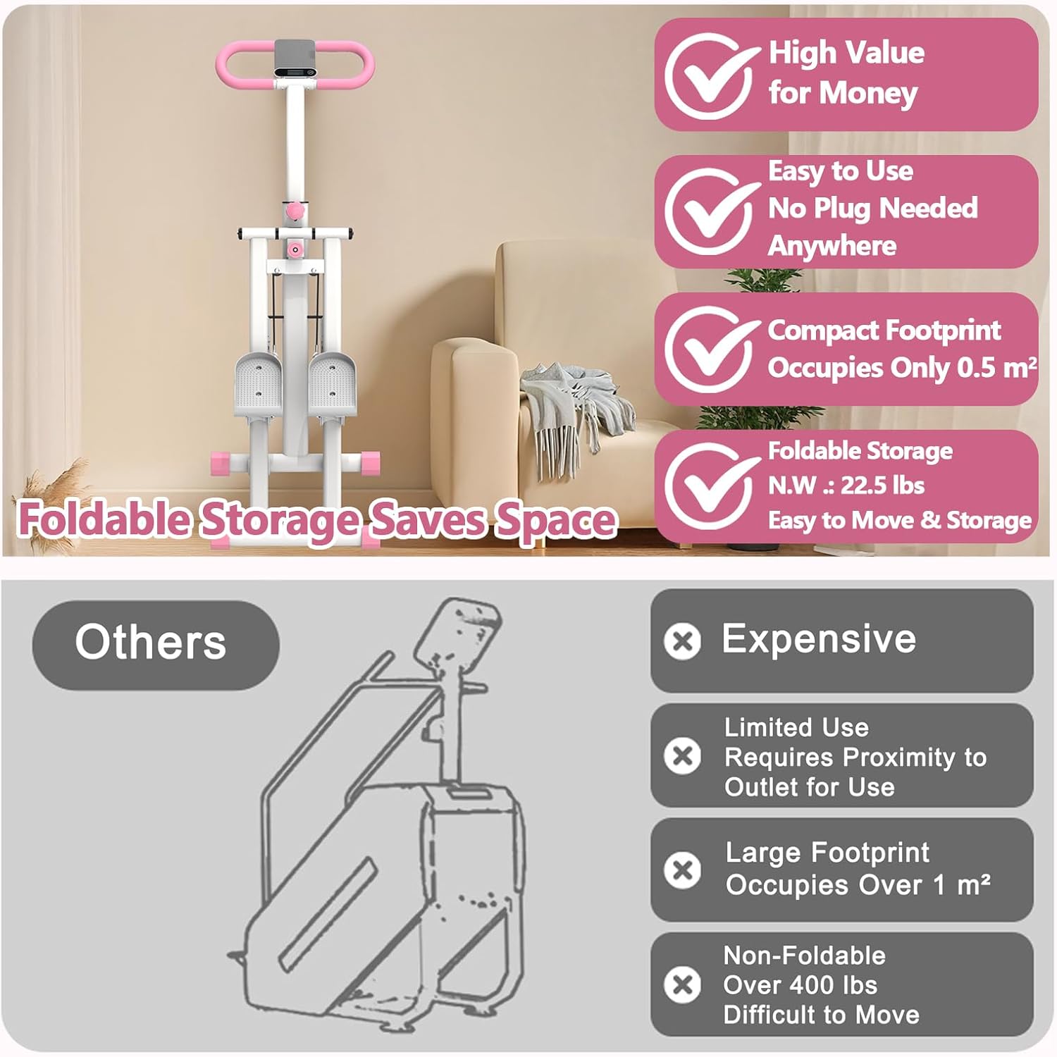 Stair Stepper for Home Gym Exercise, Vertical Climber Exercise Machine for Full Body Workout, Compact Folding Cardio Exercise Climber with Adjustable Handlebar (Pink) - Image 8