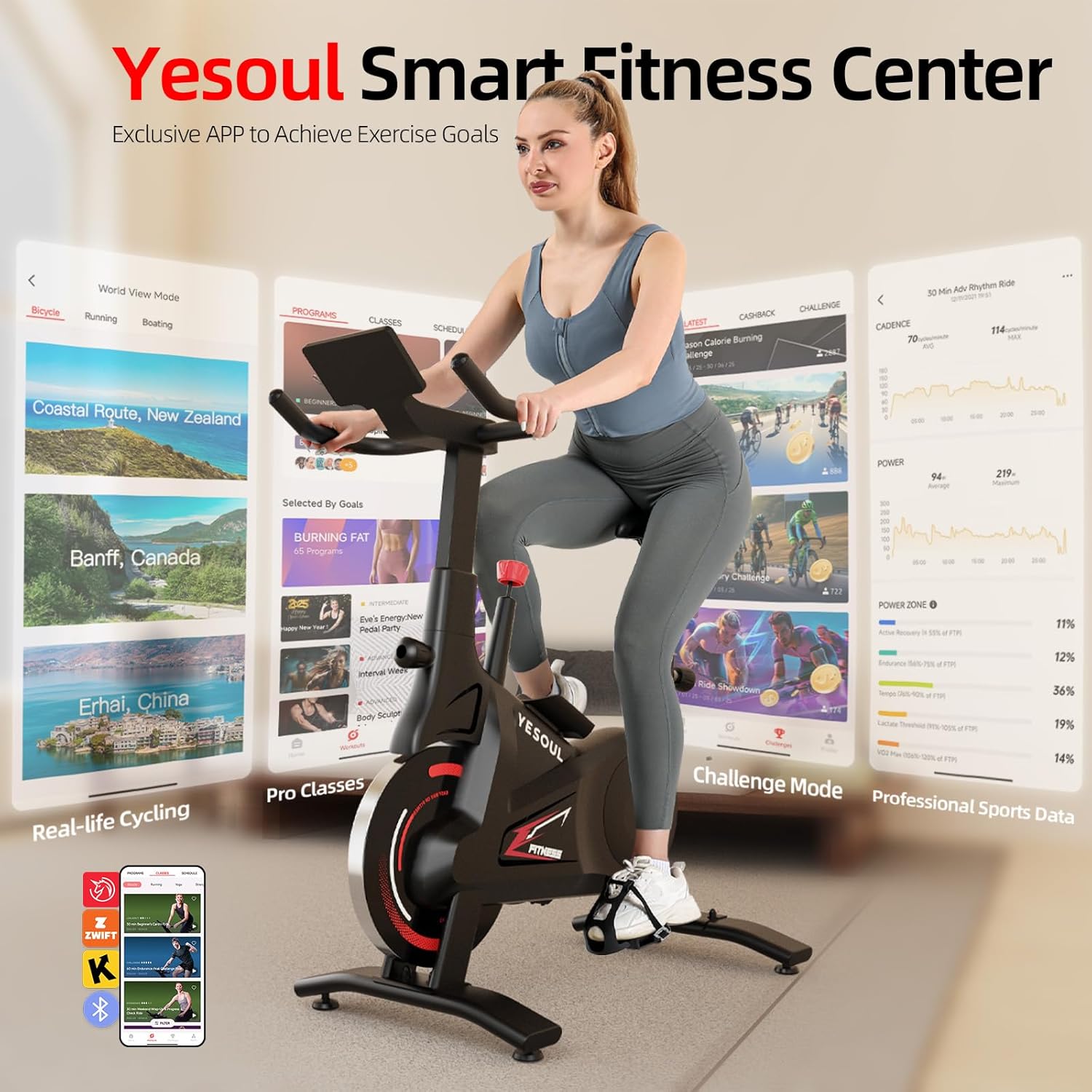 YESOUL Self Powered Exercise Bike with Exclusive Smart App, Adjustable Magnetic Resistance & 300lbs Capacity, Indoor Stationary Cycling Bike with Stable Triangle Frame, Scenic Rides & Live Classes for Home Workouts - Image 2