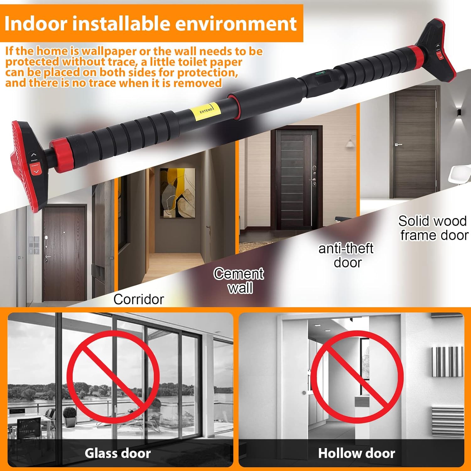 Pull up Bar for Doorway - 27''- 42'' Width Adjustable Indoor Chin Up Bar with Level Meter, Portable Exercise Equipment for Home Gym Upper Body Workout, Max Load 440 LBS, Black Red - Image 7