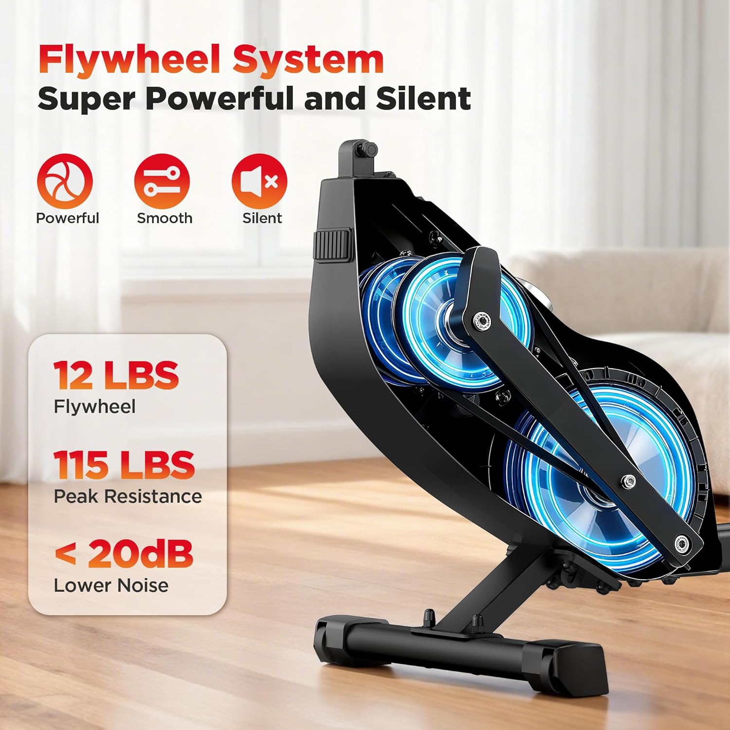 Rowing Machines for Home Use, Compact Rower Machine with 350 LBS Capacity,32-Level Self-Powered Resistance Knob with Real-Time Data Tracking, Dual Rail, Ergonomic Seat, App Support - Image 2