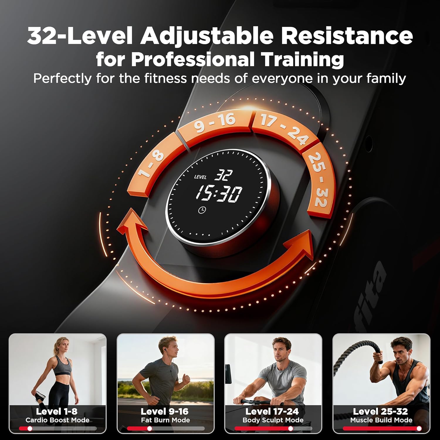 Rowing Machines for Home Use, Compact Rower Machine with 350 LBS Capacity,32-Level Self-Powered Resistance Knob with Real-Time Data Tracking, Dual Rail, Ergonomic Seat, App Support - Image 3