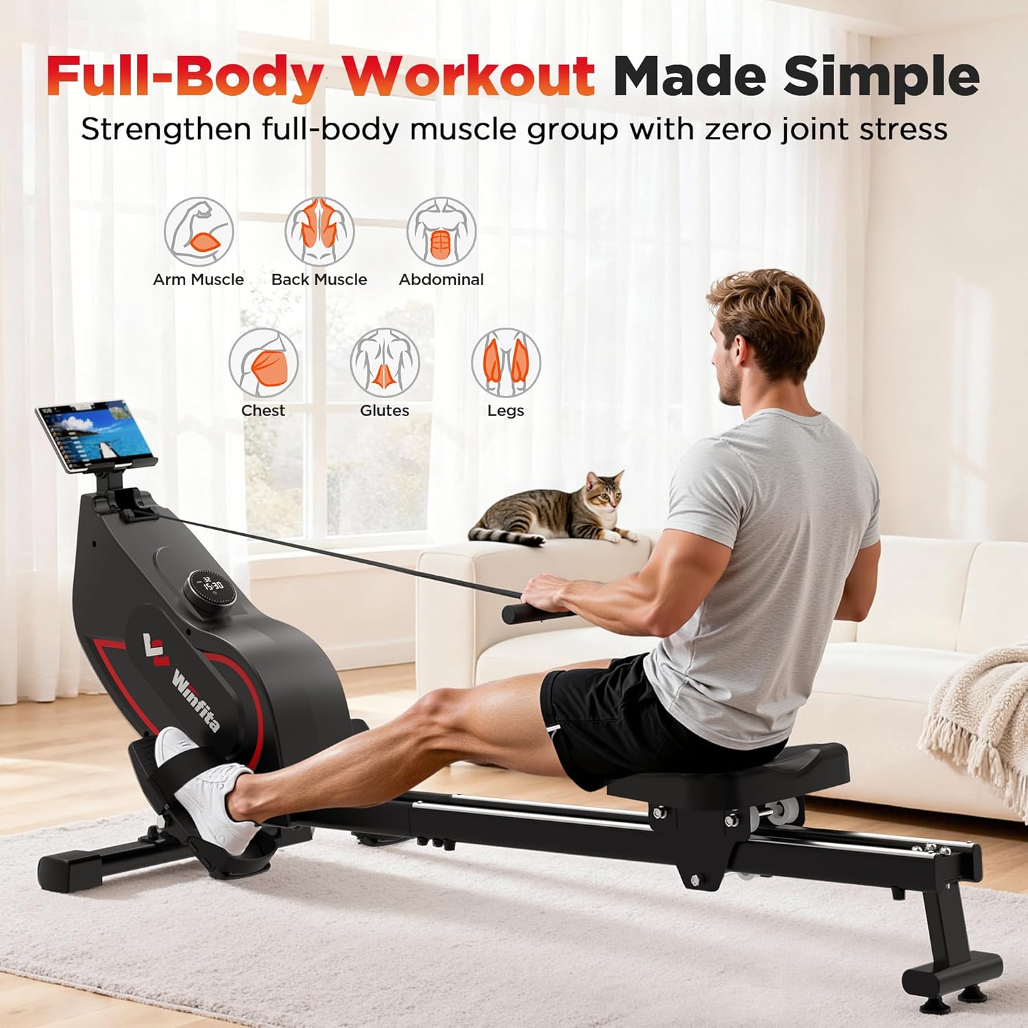 Rowing Machines for Home Use, Compact Rower Machine with 350 LBS Capacity,32-Level Self-Powered Resistance Knob with Real-Time Data Tracking, Dual Rail, Ergonomic Seat, App Support - Image 7
