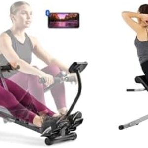 Sunny Health and Fitness 45 Degree Hyperextension Roman Chair, Steel, Grey, One Size + Smart Compact Adjustable Rowing Machine, 12 Levels Adjustable Resistance, Complete Body Workout