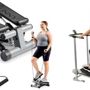 Sunny Health & Fitness Mini Stepper Machine, Stair Stepper Exercise Equipment with Resistance Bands for Home Workout + Foldable Manual Treadmill, Durable Non-Electric Incline Exercise