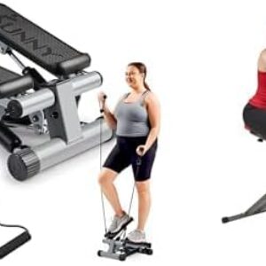 Sunny Health & Fitness Mini Stepper Machine, Stair Stepper Exercise Equipment with Resistance Bands for Home Workout + Row-N-Ride™ PRO Squat Assist Trainer, Rowing Machine for Glute Workout