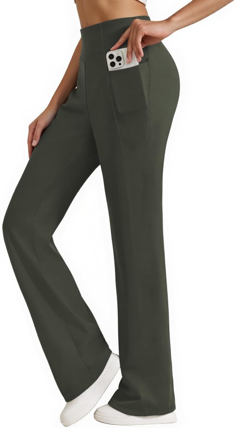 Womens High Waist Yoga Pants Stretchy Casual Trousers Straight Leg Pull On Side Pockets - Image 2