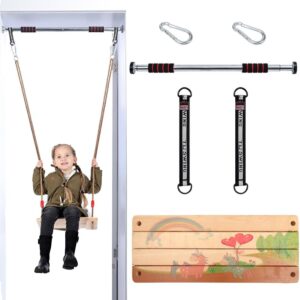Doorway Swing Set Includes WoodenSwing for Kids & Indoor Pull Up Bar, Colored Drawing Wood Rope Swing for Children Toy Gift, Fit for 32.3″- 41.3″ Door Width