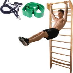 Wood Swedish Ladder with 11 Strategic Rods,Withstands up to 330 lbs,Stall Bar,Include Exercise Straps+Pull-Up Resistance Band+Pull-Up Bar,31.5”*86.6”,Wall Mounted,Stretching and Various Exercises,Indoor Home School Gym Fitness