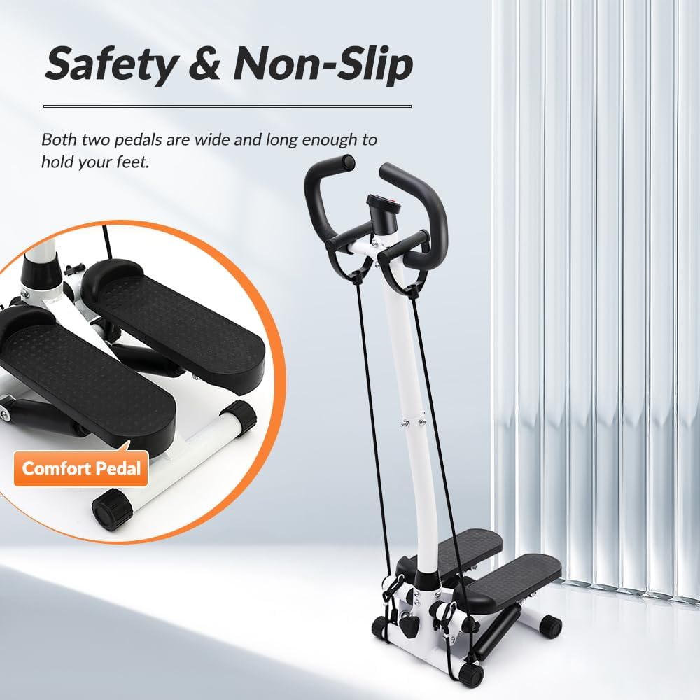 ALSO GO Exercise Stepper Machine with LCD Display Monitor for Home Gym, Portable Stair Stepper Health Fitness Machine Workout Equippment with Handle and Resistance Bands, White - Image 7