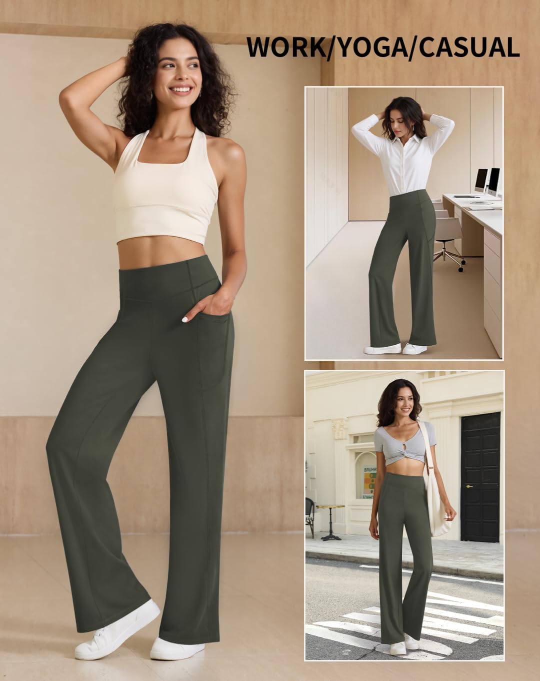 Womens High Waist Yoga Pants Stretchy Casual Trousers Straight Leg Pull On Side Pockets - Image 5