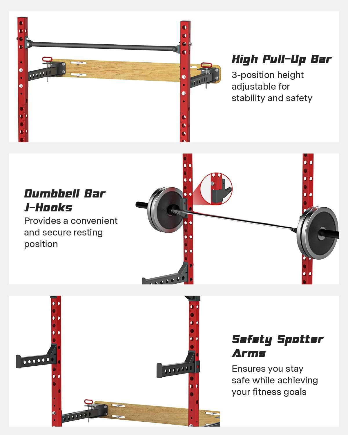 2" x 2" Folding Wall Mounted Squat Rack, 1100 Pounds Capacity Power Rack with Pull Up Bar, J Hooks and Other Attachments, Space-Saving Home Gym Package - Image 6
