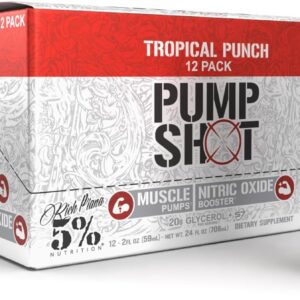 5% Nutrition Rich Piana Pump Shot Liquid Glycerol Nitric Oxide Booster, Stim Free Pre Workout | 20,000 mg with S7 | Pumps, Hydration | Fruit Punch Flavor (12 Pack Caddy)