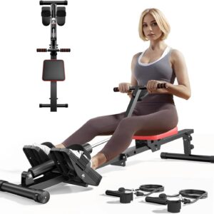 SogesHome Foldable Rowing Machine for Home Use, 12-Level Resistance Rower with Digital Monitor, Foam Handles & Transport Wheels – Indoor Cardio Fitness Workout Equipment for Gym Home, Black&Red