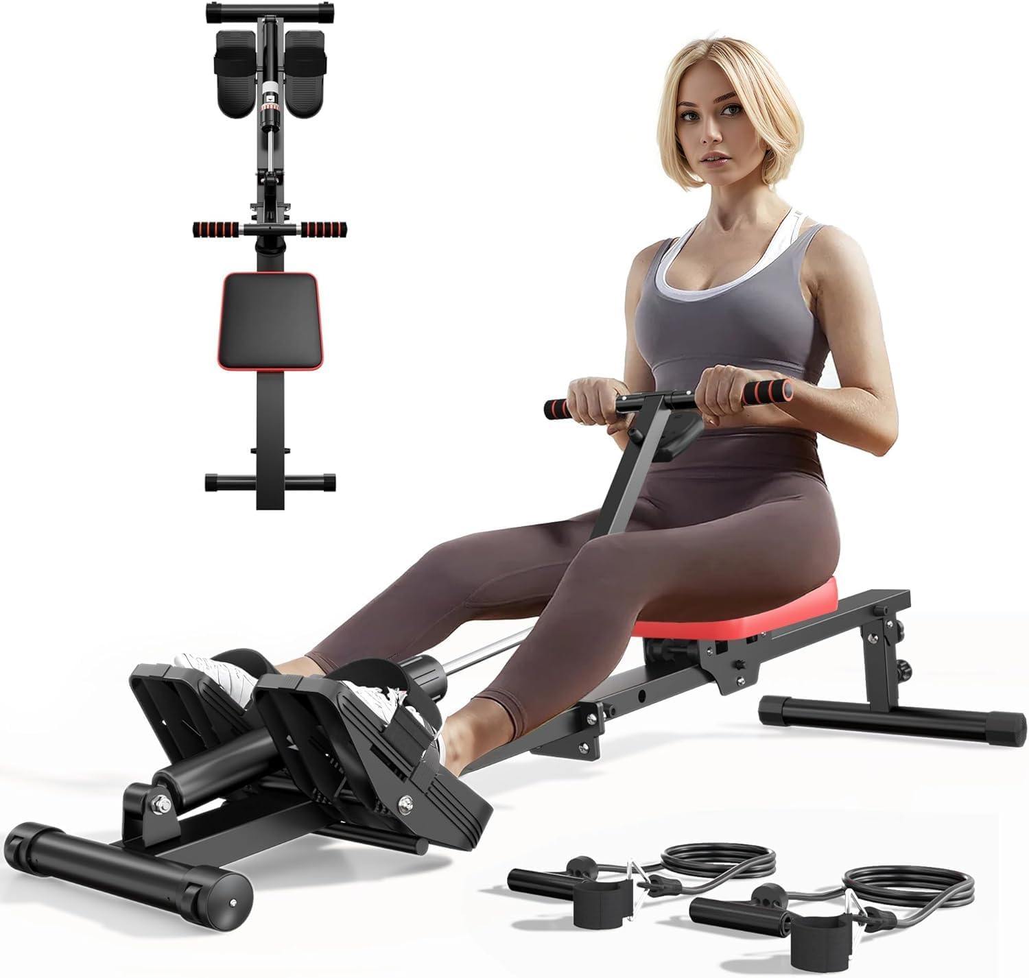 SogesHome Foldable Rowing Machine for Home Use, 12-Level Resistance Rower with Digital Monitor, Foam Handles & Transport Wheels - Indoor Cardio Fitness Workout Equipment for Gym Home, Black&Red