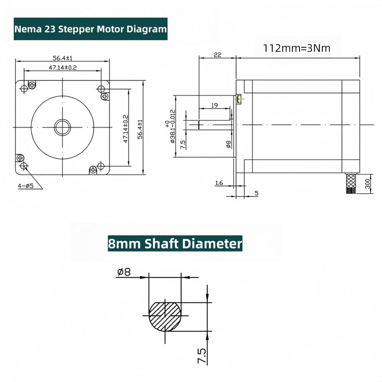 Nema 23 57mm Stepper Motor 3Nm/300Ncm 425oz.in High Torque 8mm Output Shaft 1.8 Stepper Angle 2-Phase 4-Wires 3A Step Motor for CNC 3D Printer Mill Lathe Robot Engraving Machine - Image 6