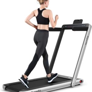 GYMAX Walking Pad, 2.25HP Dual Display Foldable Treadmill for Home with Remote/Smart App Control, Portable Compact Treadmill for Office Under Desk, Folding Running Machine for Small Spaces