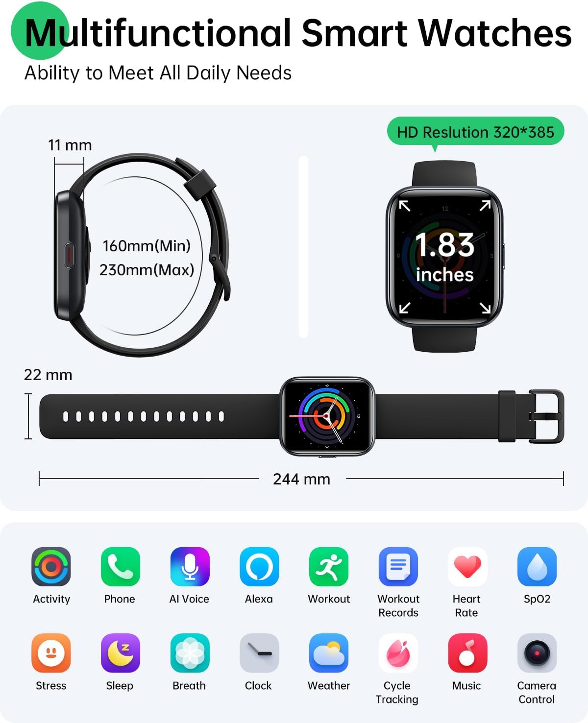 WMK Smart Watches for Men Women, Alexa Built-in,1.83" Display Smartwatch Compatible iPhone/Android (Answer/Make Call), 3ATM Waterproof Fitness Tracker with Heart Rate/SpO2/Sleep Monitor,120+ Sport - Image 6