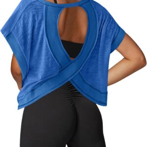 UNIANKIYA Open Back Workout Tops for Women Loose Fit Athletic Crop Tee Short Sleeve Gym Running Yoga Shirt