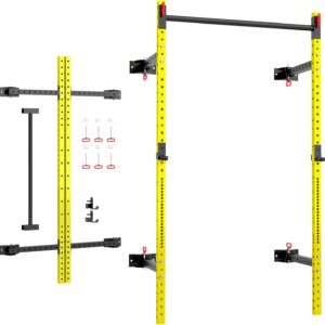 Soozier Wall Mounted Folding Squat Rack with Pull Up Bar, 1000 Pounds Capacity Power Rack, Adjustable Barbell Rack with J Hooks for Home Gym Full Body Workout, Yellow