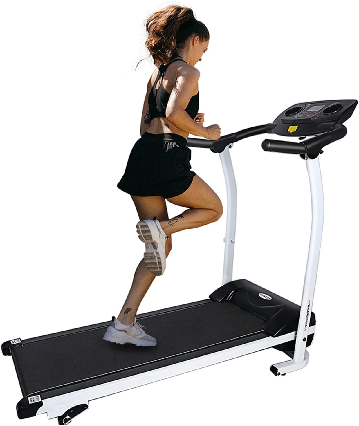 YSSOA High Performance Folding Treadmill, Workout Running Machine with LCD Display and Phone Slot, Compact Treadmill for Fitness Gym Exercise, White and Black.