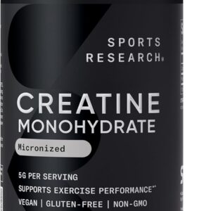 Sports Research® Creatine Monohydrate Capsules – Supports Workout Recovery, Lean Muscle gain, Performance and Strength* – Non-GMO, Vegan Certified – 5g per Servings – 30 Servings