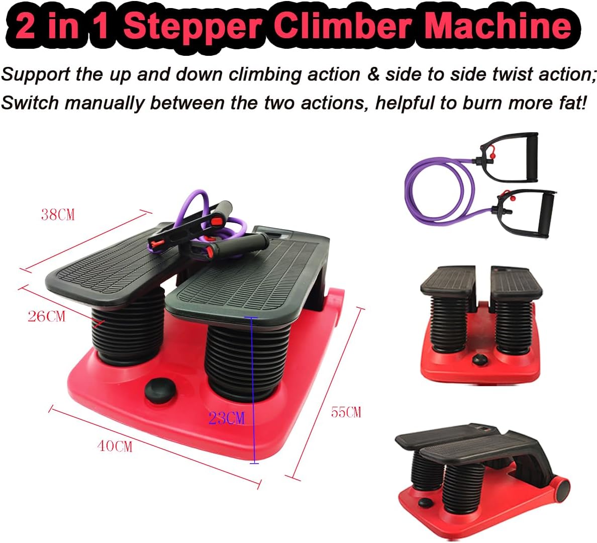 INTBUYING Stepper Climber Fitness Machine with Resistant Bands Portable Stair Stepper Exercise Equipment Low-Impact Cardio, Space-Saving, Height-Adjustable Comfortable Foot Pedals Exercise Machine - Image 2