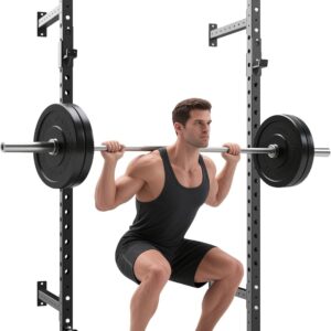 1600LB Wall Mounted Power Rack, Commercial Squat Rack for Home Gym with Multi-Grip Pull Up Bar, j-Cups & Landmine Attachment for Home and Garage Gym