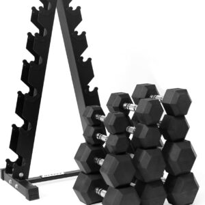 RitFit 60/250/300/350/650LBS Rubber Coated Hex Dumbbell Weight Set with Rack for Home Gym, Strength Training, Workouts